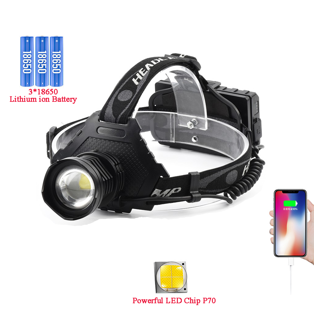 High-Power Rechargeable LED Headlamp P70 with USB Charging and Power Bank Function for Outdoor Camping & Hiking