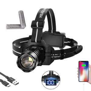 Super Bright P50 Rechargeable LED Headlamp with 2 lithium ion battery Digital Electric Display Remote Sensing Type-C Charging Zoom Intensity Headlight