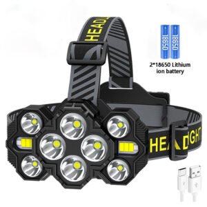 LED Headlight Strong 10 Light USB Rechargeable Outdoor Camping Light with Red Warning Light