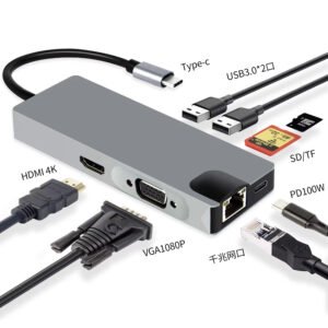 7-in-1 Type-C Hub Adapter – USB-C Multiport Docking Station with 4K HDMI, 1080P VGA, Gigabit Ethernet RJ45 Lan Port, 100W Power Delivery (PD), Dual USB 3.0 Ports, and SD/TF Card Reader for MacBook, Laptop, iPad, and PC