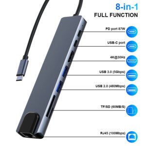 Type-C to HDMI 8-in-1 Hub Adapter – Multifunctional Docking Station with RJ45 Ethernet, 87W PD Fast Charging, 4K HD Display, SD/TF Card Reader for MacBook and Laptop