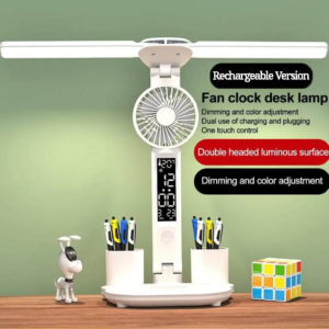 Smart 5-in-1 Rechargeable LED Desk Lamp with Fan & Digital Clock – Double Head Eye Protection Study Light with Temperature Display and Pen Holder