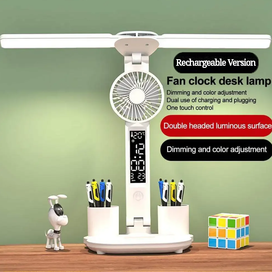 Smart 5-in-1 Rechargeable LED Desk Lamp with Fan & Digital Clock – Double Head Eye Protection Study Light with Temperature Display and Pen Holder