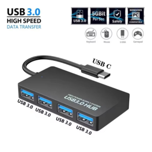 Type-C to 4-Port USB 3.0 Hub – Ultra-Thin 5Gbps Multi-Port Extender Splitter with LED Indicator for MacBook, Laptop, and Smartphone