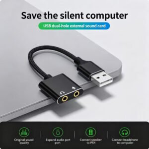USB to 3.5mm Audio Adapter – External Sound Card with Dual Aux Ports (Headphone and Microphone Jacks) Nylon Braided Audio Connector Cable for PC, Laptop, Desktop, Mac, and Gaming Headset