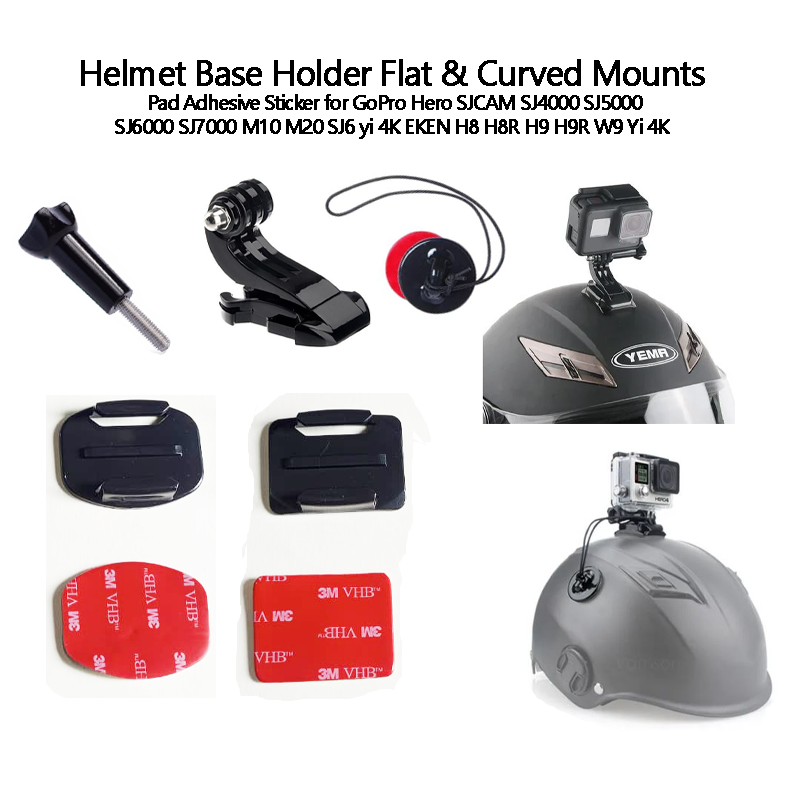 Helmet Base Holder Flat & Curved Mounts Kit – 3M VHB Adhesive Pads with J-Hook Buckle, Thumb Screw, and Safety Tether Rope for Action Cameras