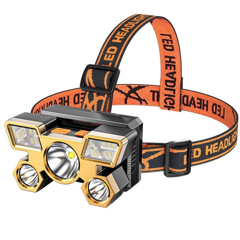 5 LED High-Power Rechargeable Headlamp – Ultra-Bright Waterproof Tactical Flashlight Headlight with Adjustable Orange Headband for Camping, Hiking, and Night Cycling