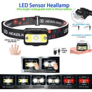 Smart Motion Sensor Rechargeable LED Headlamp – 5W XPG+COB Ultra-Bright Waterproof Headlight with 8 Working Modes and 1000mAh Battery for Night Riding, Camping, and Repairing